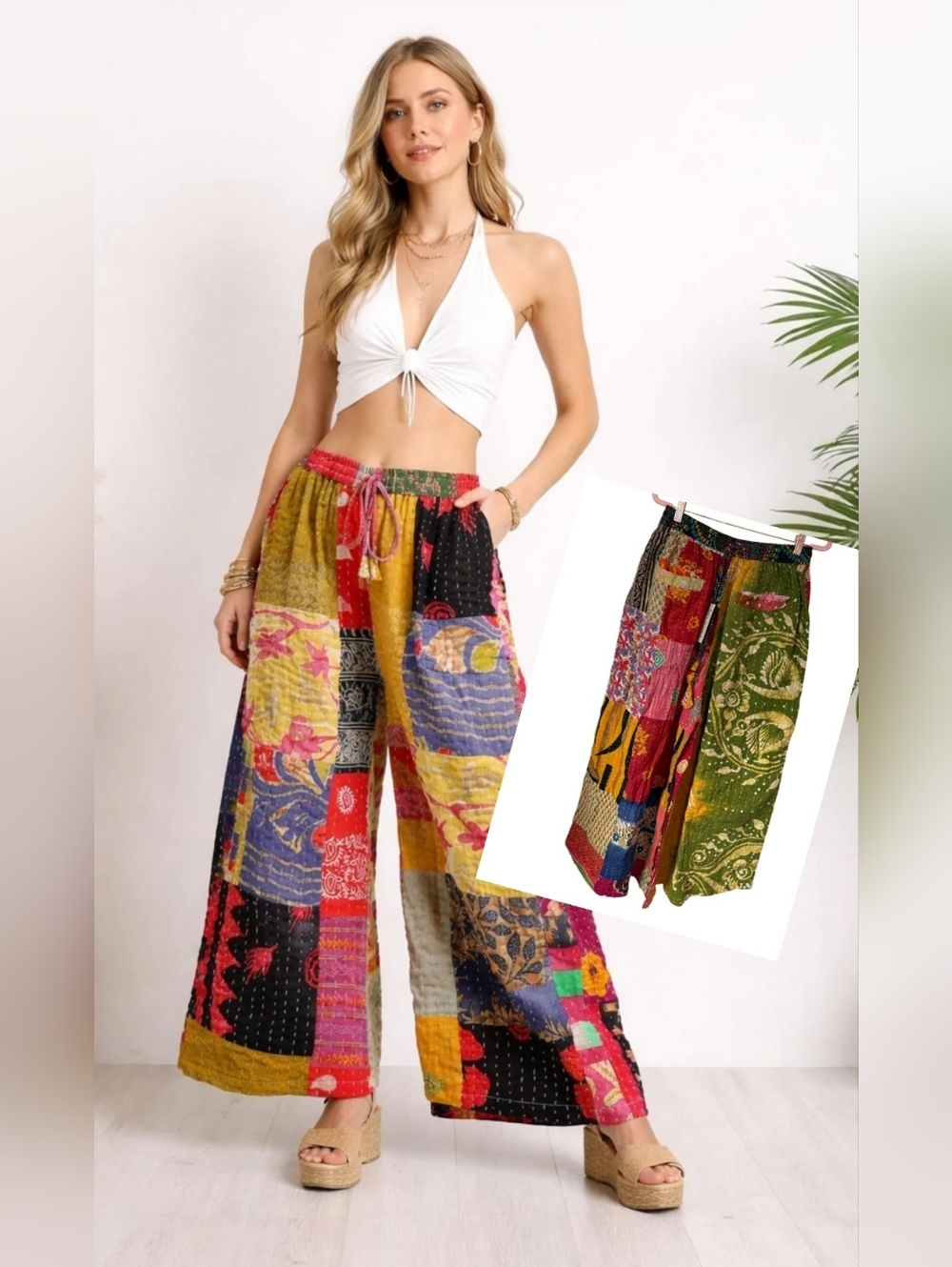 Kathmandu Multicolor Patchwork Kantha Wide-Leg Pants